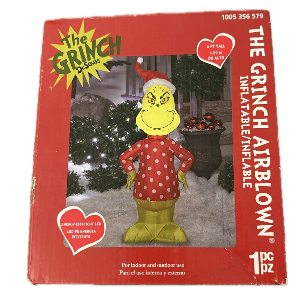 New Dr. Seuss The Grinch Airblown Inflatable w/Red and Green Accents 4 Ft Tall